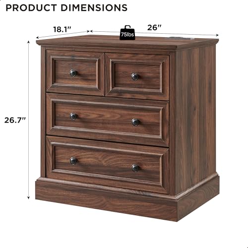 Image of ACCOHOHO Farmhouse Nightstand with 4 Drawers, 26 inch Wide End Table with Storage, Modern Nightstand with Charging Station for Bedroom, Brown