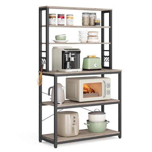 Image of VASAGLE Coffee Bar, 31.5 Inches Baker's Rack for Kitchen with Storage, 6-Tier Kitchen Shelves with 6 Hooks, Microwave Stand, Industrial, Heather Greige and Ink Black UKKS019B02