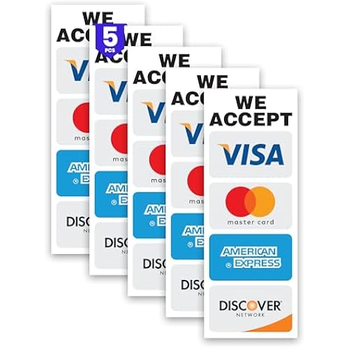 5 x Credit Card Signs – We Accept Visa, MasterCard, Amex and Discover for Mobile Payment, Online Transfer and Contactless Pay Service – 3 x 8 Vinyl Labels – Self-Adhesive, Weatherproof Decals Decals