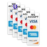 5 x Credit Card Signs – We Accept Visa, MasterCard, Amex and Discover for Mobile Payment, Online Transfer and Contactless Pay Service – 3 x 8 Vinyl Labels – Self-Adhesive, Weatherproof Decals Decals