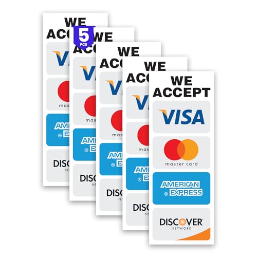 5 x Credit Card Signs – We Accept Visa, MasterCard, Amex and Discover for Mobile Payment, Online Transfer and Contactless Pay Service – 3 x 8 Vinyl Labels – Self-Adhesive, Weatherproof Decals Decals
