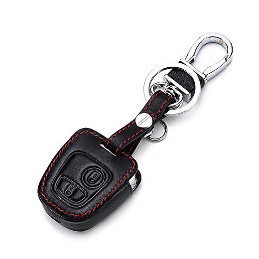 Happyit Cuir Voiture Clé Couverture de Cas Protecteur de la Peau pour Peugeot 107 207 307 407 106 206 306 406 CSL2017 Citroen C2 C3 C4 2 Bouton Télécommande Fob Clé