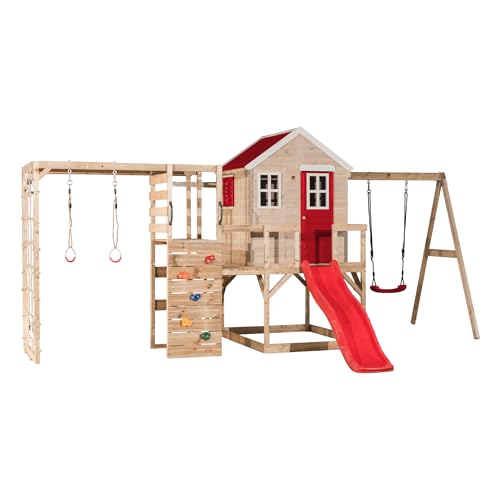 Wendi Toys M24-G Stelzenhaus Holz mit Rutsche, Schaukel, Kletterturm, Outdoor Spielhaus für Kinder 342×508×242 cm, mit Kletterwand, Kletternetz, Turnringen