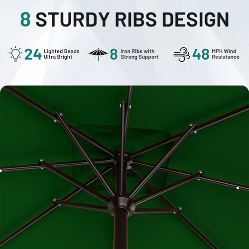 Image of AreShark 8' X 10' Rectangular Patio Umbrella with Solar Lights, Lighted Solar Umbrella with Crank, Outdoor Table Umbrella for Garden, Deck, Backyard, Pool and Beach, Dark Green
