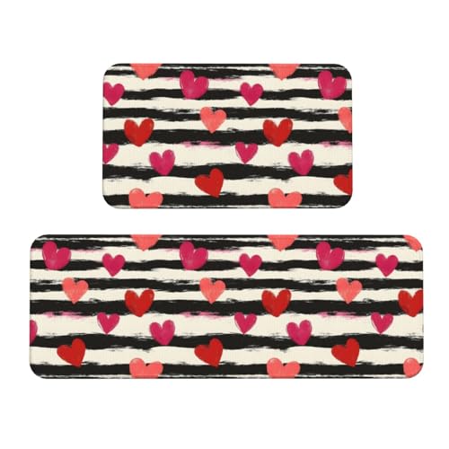 GVYGVY Antifatigue Kitchen Mats for Floor 2 Piece - Black White Striped Love Print Kitchen Rugs Washable, Non Slip Runner Rug Standing Mat for Office/Bathroom/Laundry/Home Decor and Accessories