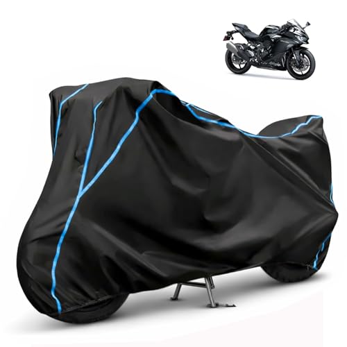 Image of Compatible with Kawasaki Ninja ZX-4R Waterproof Two Wheeler Bike Body Cover Water Resistant, Heavy Duty, UV Rays, Dust & Scratch Protection for All-Modal & Variants (Black,Sky Blue Piping)