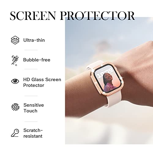 Adepoy コンパチブル Apple Watch ケース 42mm キラキラ アップルウォッチカバー Series 10専用 保護フィルム付き ダブルダイヤモンド Apple Watch キラキラカバー iwatch用 光沢感 お洒落 Series10の42mm ローズゴールド