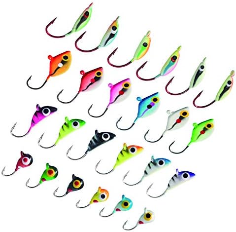 BASSDASH Ice Fishing Lure Kit Glowing Paint Jigs for Winter Ice Jigging Crappie Sunfish Perch Walleye Pike with Tackle Box