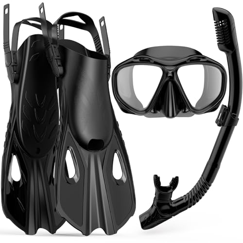 Mask Fin Snorkel Set, Travel Size Snorkeling Gear for Adults with Panoramic View Anti-Fog Mask, Fins, Dry Top Snorkel for Swimming Training, Snorkeling Kit Diving Packages (Black, L/XL)