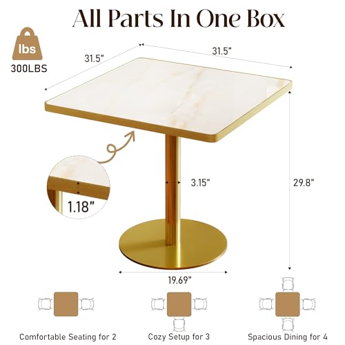 Image of 63 inch Square Dining Table, Tulip Table with 1.2 inch Thick Sintered Stone Tabletop and Golden Metal Pedestal Base, Small Square Dining Tables for Diner,Bar,Restaurant,kitchen,Bakery,Apartment (Marble Gold)