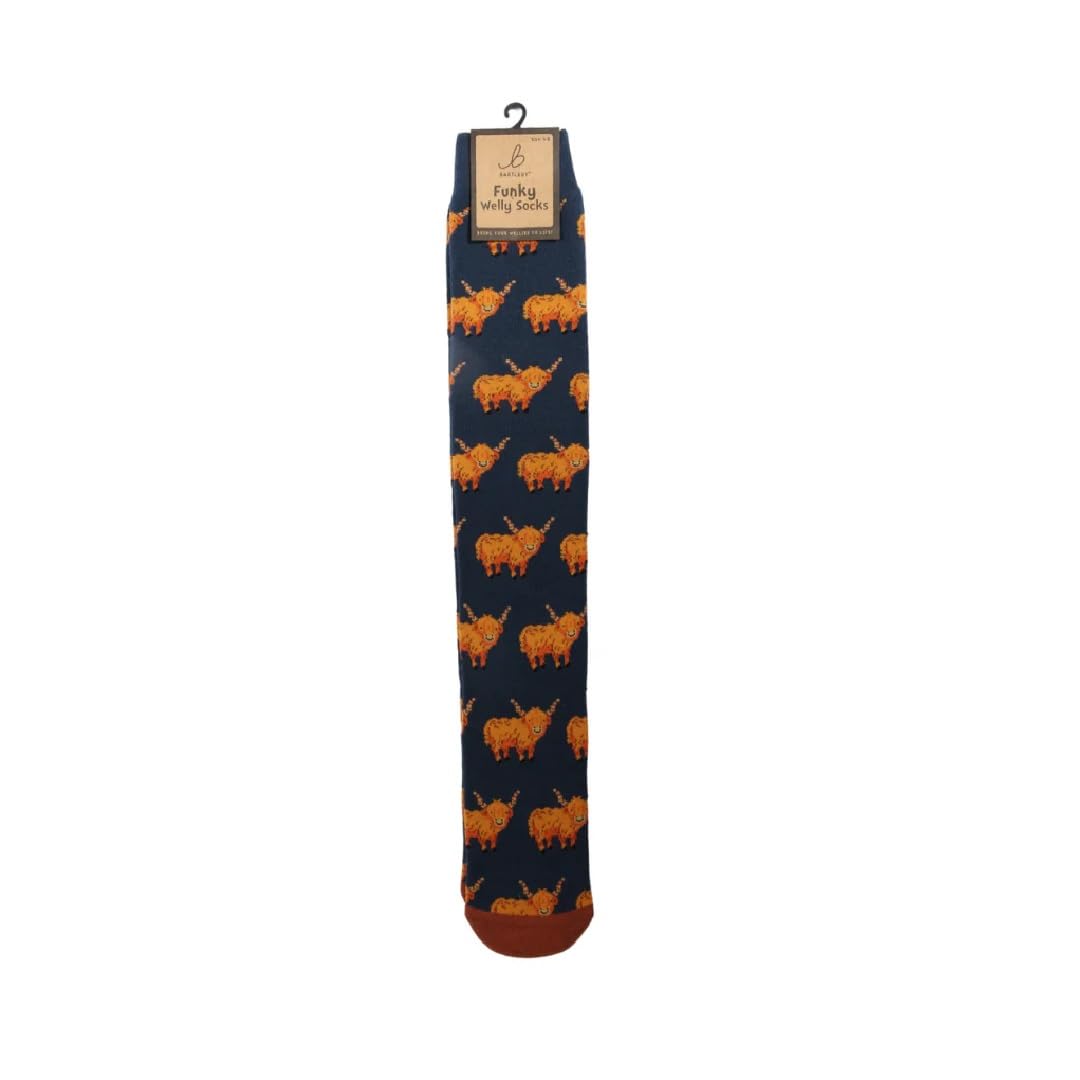 Bartleby Unisex Blue Mens Funky Welly Socks Hardy Highland Cows