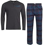 Lucky Brand Men's Pajama Set - 2 Piece Long Sleeve Crewneck Mens Shirts and Flannel Lounge Pants - Cozy Pajama Pants Set S-XL, Size Medium, Charcoal/Navy Plaid