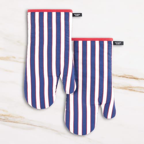 Image of kate spade new york Botanical Stripe Oven Mitt 2-Pack Set, 7 inch x 13 inch, Navy Blue /Red
