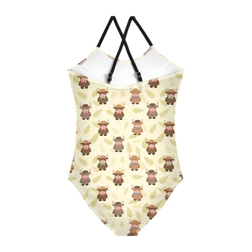 senya Girls Swimsuits One-Piece Swimwear Tie Bathing Suit Beach Summer Round Neck 9-10T Cartoon Highland Cattle Pattern2