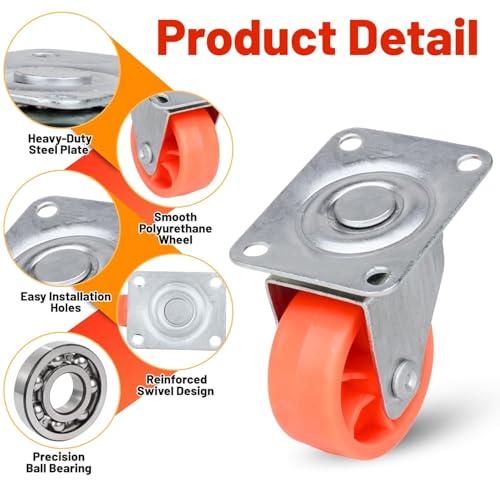 Image of 2 Inch Single Wheel Furniture Castor Wheels, Heavy-Duty Puff Caster Wheels for Centre Table & Furniture, 150 kg Load Capacity (Orange, Pack of 4)