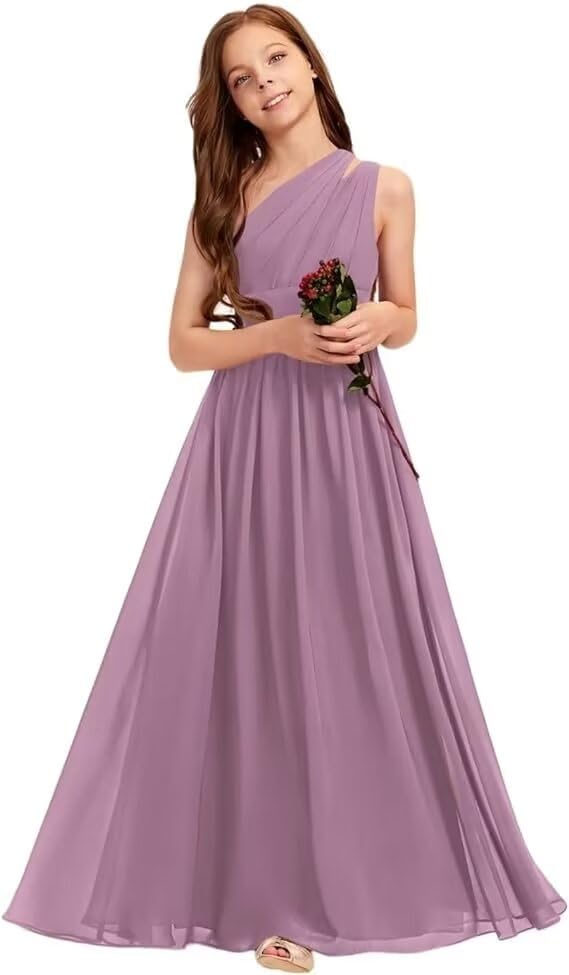 Junior Bridesmaid Dresses One Shoulder Chiffon Flower Girl for Teen Girls Long Wedding Party Dresses