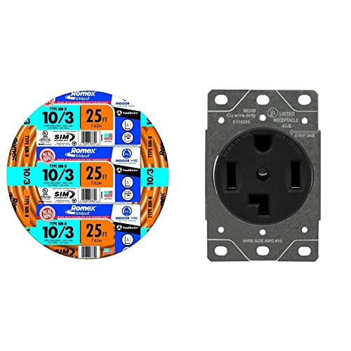 Southwire 63948421 25' 10/3, Type Nm-B, Orange & Enerlites 66300-Bk 30 Amp Dryer Receptacle Outlet, Nema 14-30R | Residential Commercial Industrial Grade, Outdoor/Indoor, 3-Pole, 4 Wire #TOP21