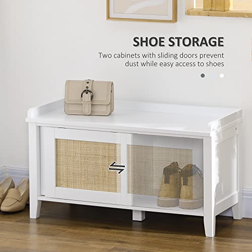 Homcom Small Shoe Bench With Storage, Boho Entryway Bench With Shoe Cabinets, 2 Rattan Sliding Doors And Pine Wood Legs For Hallway, White #TOP4