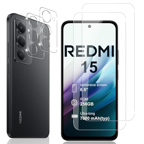 Locofun Protector de Pantalla para Xiaomi Redmi 15 5G/4G, 2 Piezas Cristal Vidrio Templado y 2 Piezas Protector Lente Cámara, [Dureza 9H] HD Anti-Arañazos Película Protectora