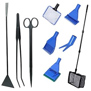 Coolty 9-in-1 Aquarium Werkzeug Set für Wasserpflanzen Trimmen & Reinigung – Fischnetz, Kies Rechen, Pflanzengabel, Schaber, Schwamm, Pinzette, Schere – Aquascaping Werkzeuge