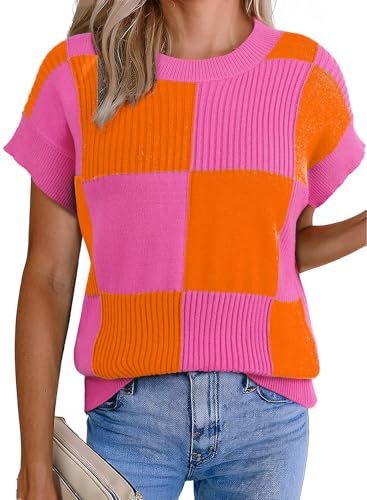 Image of EVALESS Short Sleeve Sweater for Women Crewneck Color Block Knit Tops 2026 Summer Trendy Cap Sleeve Sweater Vest