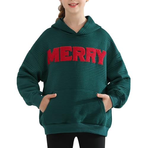 Weixinbuy Unisex Kids Christmas Sweatshirt Merry Graphic Crewneck Kangaroo Pocket Oversized Hoodie for Boys Girls 7-14Y