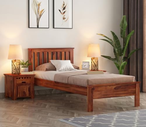 Image of CRAFT D ARTS Sheesham Wood Single Size Bed Without Storage | Wooden Single Bed | Space Saving Low Floor /Lying /Rise /Level /Profile Cot Bed for Bedroom | Venus, Honey Finish