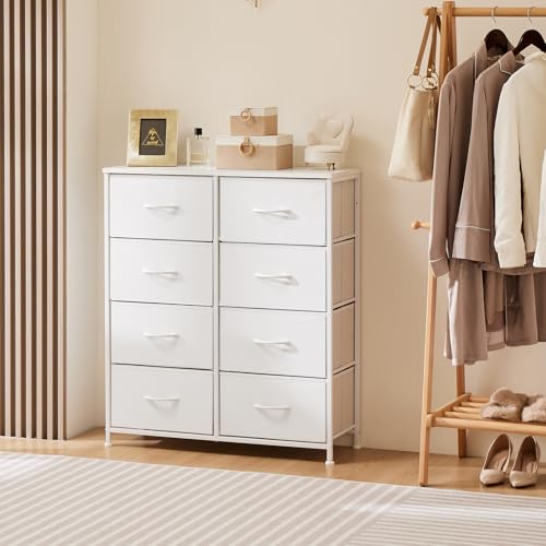 Image of OLIXIS 8 Drawer Storage Dresser for Bedroom, White Closet Organizers Units | Fabric Dresser with Wooden Top, Chest of Drawers Clothes Storage, Tower Cabinet for Living Room, TV Stand Furniture