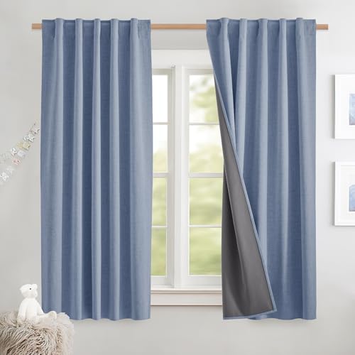 NICETOWN 100% Blackout Curtains for Kitchen 63" Length 2 Panels, Stone Blue