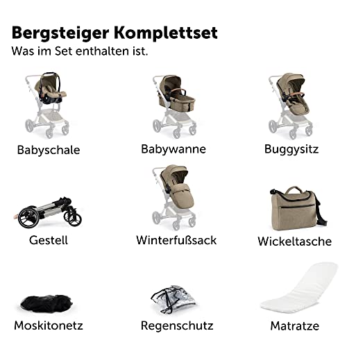 Bergsteiger Kinderwagen Lugo 3in1 | Kombikinderwagen Komplettset inkl. Zubehör - Babyschale, Buggy-Aufsatz, Sonnenschutz & Wetterfußsack | Isofix Station erhältlich