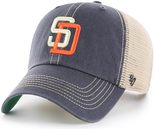 47 MLB Trawler Primary Logo Cooperstown Mesh Trucker Clean Up Adjustable Hat, Adult One Size Fits All - San Diego Padres Navy