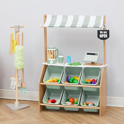 Image of Teamson Kids Little Helper Wooden Farmer's Market Stand with Pretend Cash Register and 6 Plastic Storage Bins, Green, TD-13638A-AMZ | Pretend Grocery Store Playset, Cash Register Toy, 6 Storage Bins, Awning, Ages 3+