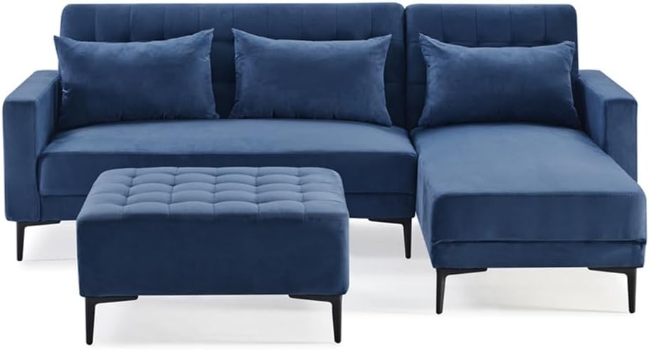 Sectional Couch with Three Pillows, L-Shape Upholstered Sofa Bed with Velvet for Living Room Apartment