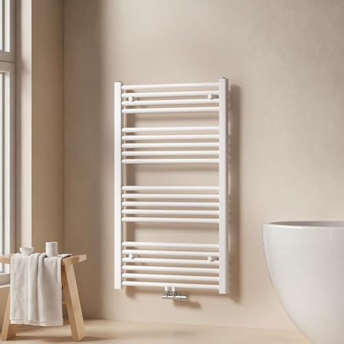 EMKE Badheizkörper 1000x600 mm - Gerade Handtuchheizkörper mit Mittelanschluss Effizienter Handtuchwärmer Handtuchtrockner Heizkörper für Bad Weiß 498W