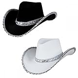 A2ZFD Pack of 2 x Texan Cowboy Hats (1 x White Sequin + 1 x Black Sequin) : Wild West Ladies Womens Cowgirl Hen Night Fancy Dress Accessory