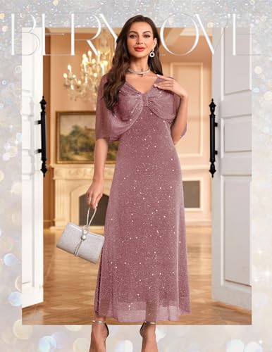 BeryLove Sequin Formal Mother of The Bride Dress Cocktail Evening Wedding Dresses with Shawl3