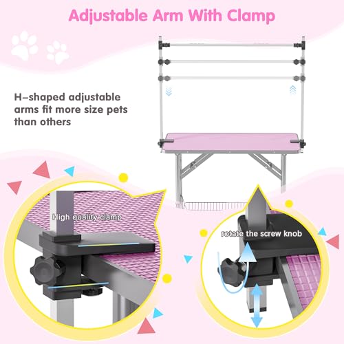 Image of Lyromix 42'' Stainless Steel Pet Dog Grooming Table, Arm /Noose /Tray, Pink
