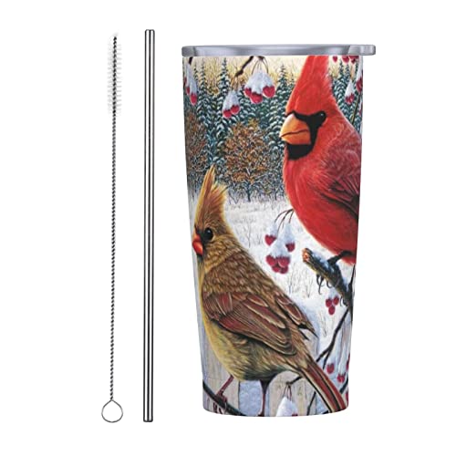 LOUJIN Taza de café de viaje aislada de acero inoxidable de 550 ml, diseño de ardilla con flores de animales, taza de viaje con tapa a prueba de fugas, popote y cepillo para popote, pájaro rojo de