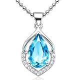 Ladies March Birthstone Pendant Necklace - Aquamarine Blue Crystal Teardrop with Cubic Zirconia Halo - Silver Plated Jewellery - 45cm Chain - Birthday Gift for Women - Jewellery Box Included