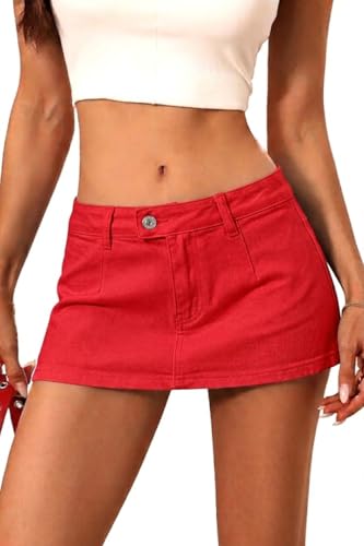 ELLEVEN Denim Mini Skirt for Women Stretch Low Rise Y2k Jean Skirt with Shorts Underneath Casual Cute Micro Skort Red X-Small