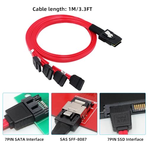 Cable Interno Mini SAS SFF-8087 a 4X SATA 7PIN 1M Rojo miniatura 5