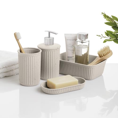TATAY Badezimmer Zubehör Set 4-teilig (Zahnputzbecher + Seifenspender + Seifenschale + Organizer A6) Baobab ECOHOME, Polypropylen, BPA frei, 100% Recycelter Kunststoff, Beige