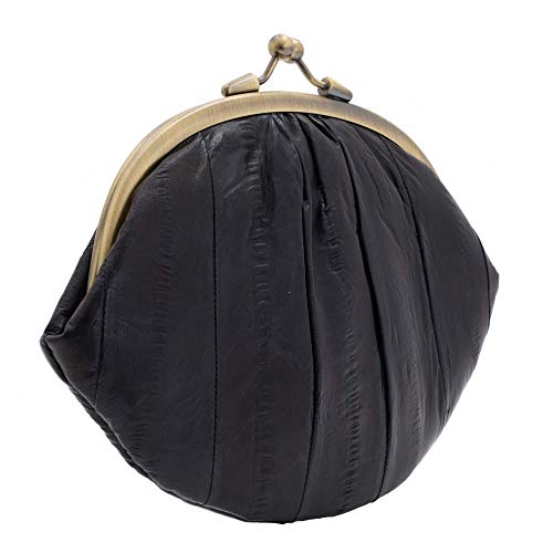 Becksöndergaard Geldbörse Damen Leder - Mittelgroßes Retro Portemonnaie Granny aus Aalleder - Viele Fächer für Münzen Perso Karten Klippverschluss 18x13cm (Navy/Blau)