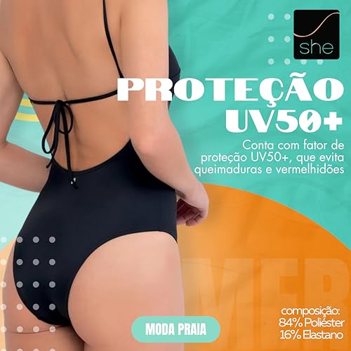 Maiô Feminino Amarração Costa Bojo Removível UV50+ Aloe Vera She by Mash Feminino, Preto, P
