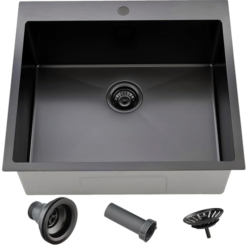 Comllen 25 x 22 Inch Drop In Black Kitchen Sink,Topmount 16 Gauge Stainless Steel Black Kitchen Sinks, 9 Inch Deep Utility RV Sink with Basket Strainer