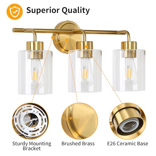 Image of Bathroom Vanity Lights Over Mirror Modern Gold Light Fixture 3 Light with Clear Glass Shade 21.3 inches Brass Wall Sconce Bathroom Lighting E26 Base