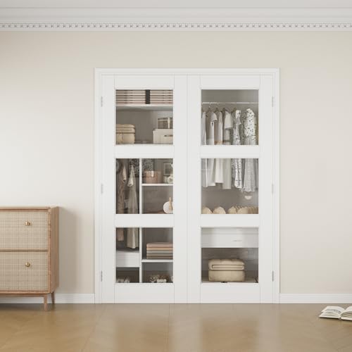 60' x 80' French Interior Door Slab (Double 30' x 80' 3-Lite Tempered Clear Glass Door Shakers Replacement Only, Without Hardware Kit & Frame), Pre-Finished & Paintable, Prebuilt Home Door Panels