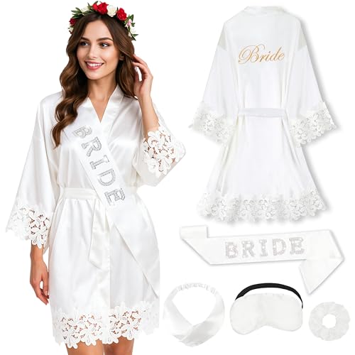 EPLAZA Bride Robe for Wedding Day Set Bridal Robe with Bride Sash Lace Trim Silky Embroidery Satin Kimono for Bridal Party (White, LXL)