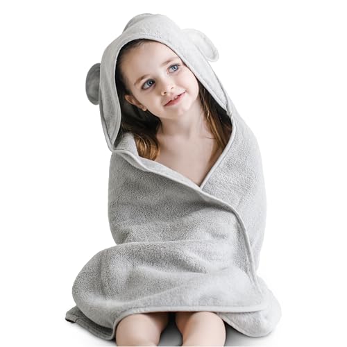 Image of Natemia Hooded Baby Bath Towel - 100% Organic Cotton Baby Towels for Newborns, Toddlers, Boys, Girls - Soft Absorbent 450 GSM - Gentle on Sensitive Skin - Baby Shower Registry Gift (Gray, 35 inch x 35 inch)