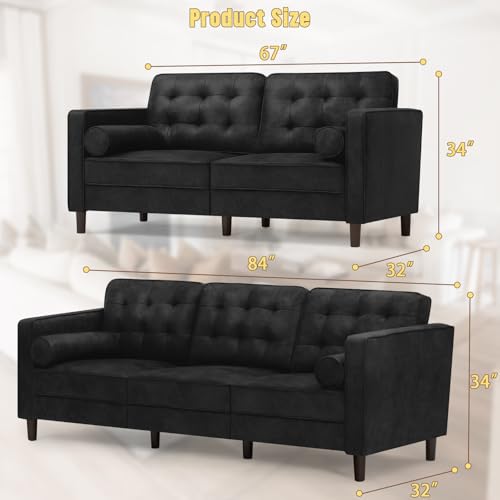 Image of Suede Leather Upholstered Sofa Set with Tufted Backrests, Black | 3 Seaters Couch and Loveseat Sofa with Bolster Pillows, 2 Pieces Living Room Set for Living Room, House